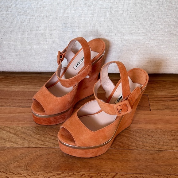 Miu Miu Shoes - Miu Miu Platform Wedge Suede Orange‎ Sandals Size 36
